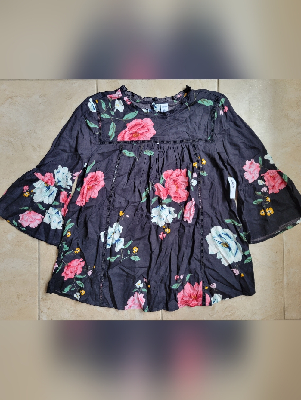Women's Old Navy Black Floral Peasant Top with Pink & White Blooms-XS